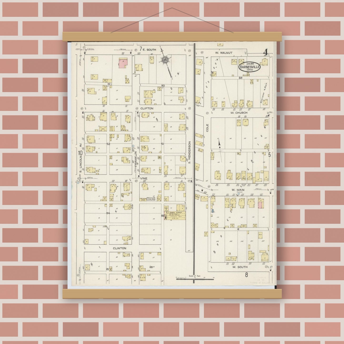 Old map wall art mockup — magnetic wood frame on brick wall — Sanborn Fire Insurance Map from Barnesville, Belmont County, Ohio (1915), Sheet #0004