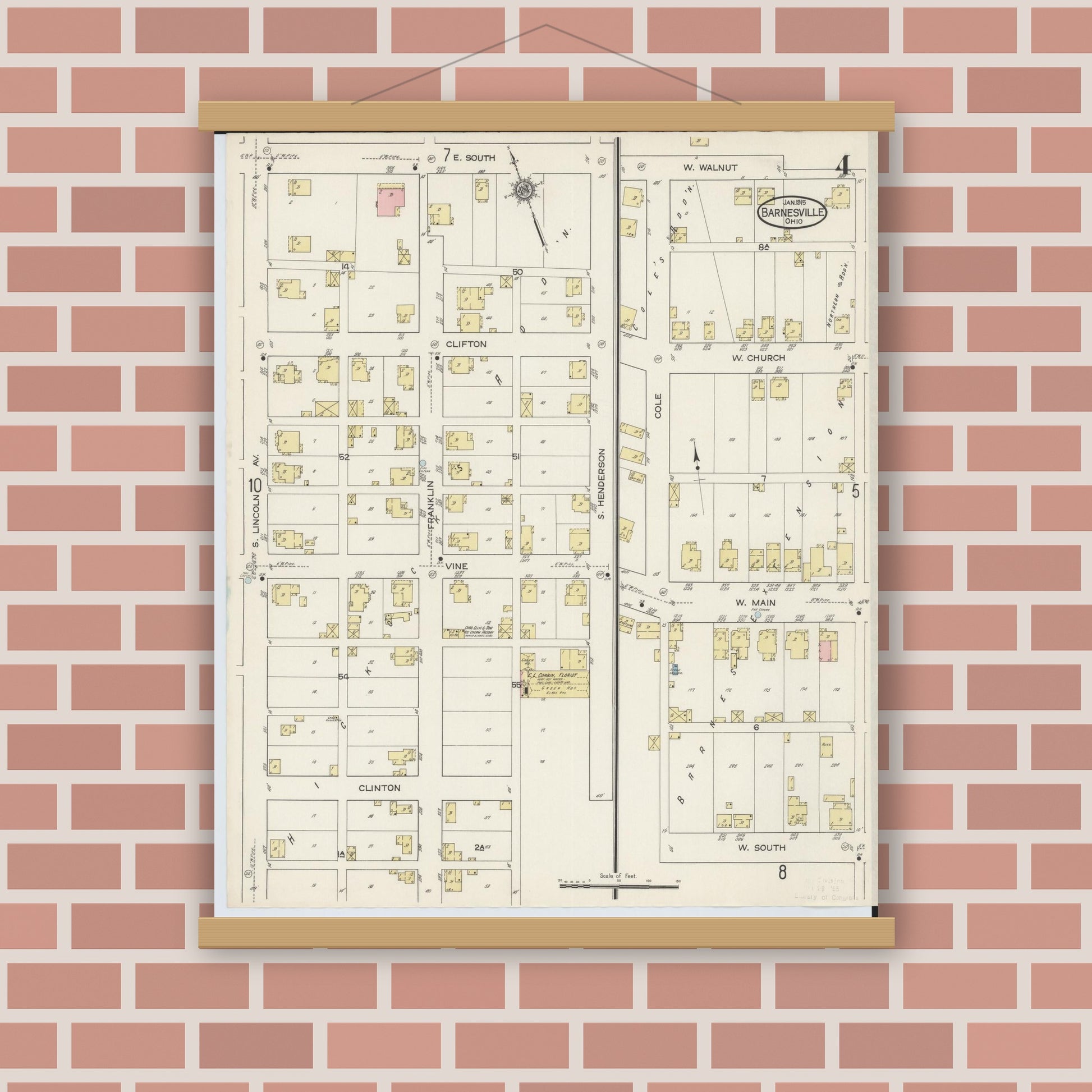 Old map wall art mockup — magnetic wood frame on brick wall — Sanborn Fire Insurance Map from Barnesville, Belmont County, Ohio (1915), Sheet #0004