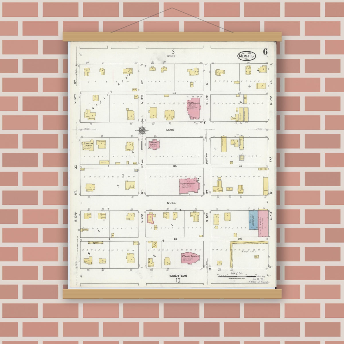 Old map wall art mockup — magnetic wood frame on brick wall — Sanborn Fire Insurance Map from Memphis, Hall County, Texas (1920), Sheet #0006