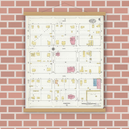 Old map wall art mockup — magnetic wood frame on brick wall — Sanborn Fire Insurance Map from Memphis, Hall County, Texas (1920), Sheet #0006