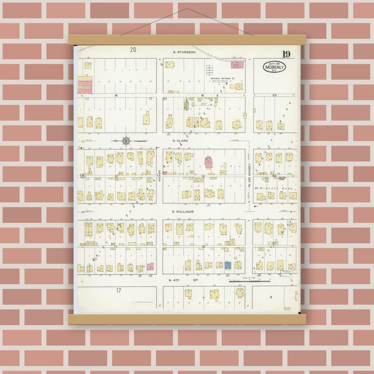 Old map wall art mockup — magnetic wood frame on brick wall — Sanborn Fire Insurance Map from Moberly, Randolph County, Missouri (1916), Sheet #0019