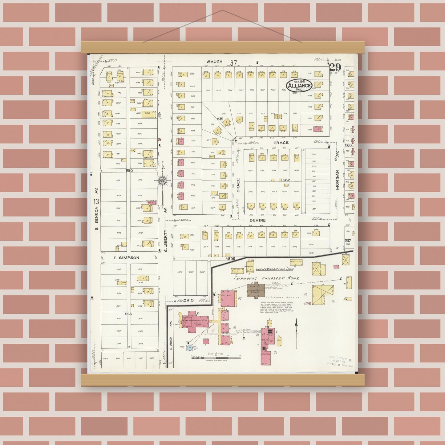 Old map wall art mockup — magnetic wood frame on brick wall — Sanborn Fire Insurance Map from Alliance, Stark County, Ohio (1921), Sheet #0029