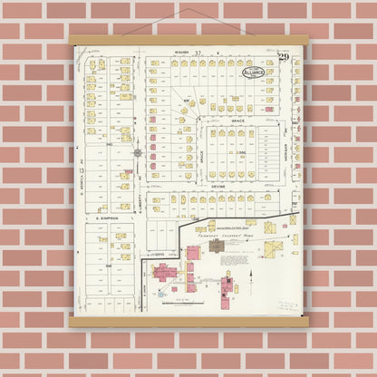 Old map wall art mockup — magnetic wood frame on brick wall — Sanborn Fire Insurance Map from Alliance, Stark County, Ohio (1921), Sheet #0029