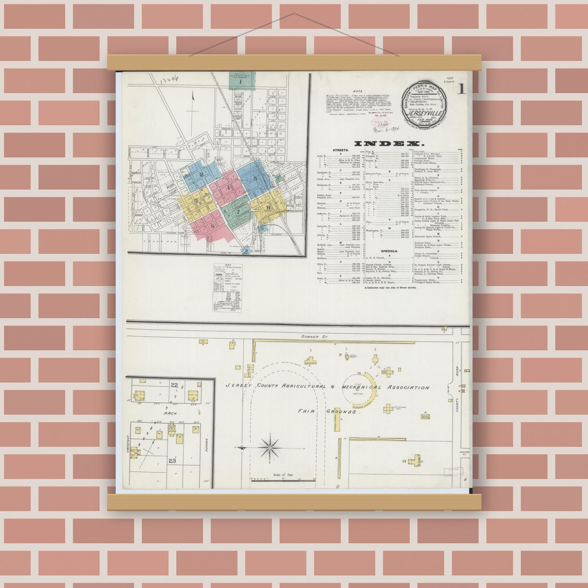 Old map wall art mockup — magnetic wood frame on brick wall — Sanborn Fire Insurance Map from Jerseyville, Jersey County, Illinois (1894) - Complete Map Set