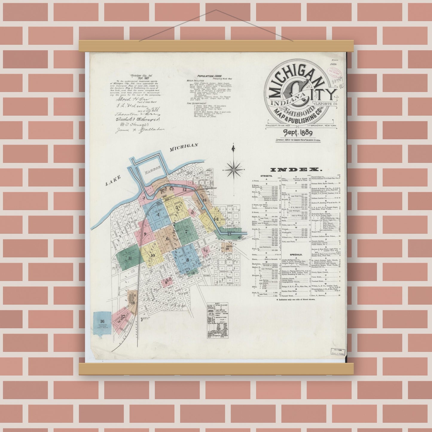 Old map wall art mockup — magnetic wood frame on brick wall — Sanborn Fire Insurance Map from Michigan City, La Porte County, Indiana (1889) - Complete Map Set