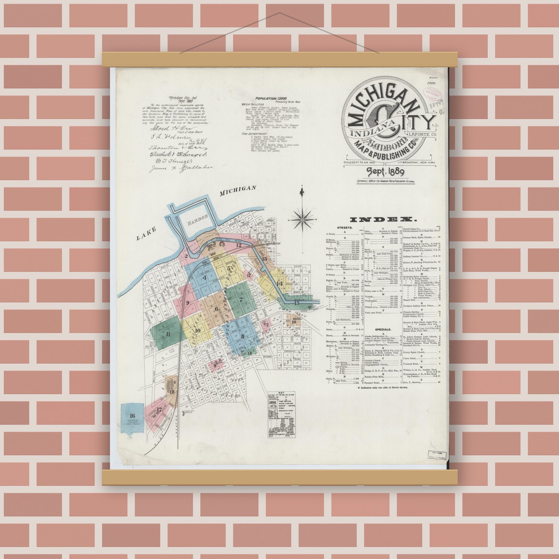 Old map wall art mockup — magnetic wood frame on brick wall — Sanborn Fire Insurance Map from Michigan City, La Porte County, Indiana (1889) - Complete Map Set