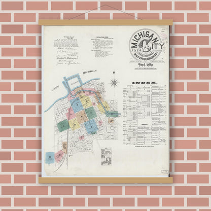 Old map wall art mockup — magnetic wood frame on brick wall — Sanborn Fire Insurance Map from Michigan City, La Porte County, Indiana (1889) - Complete Map Set