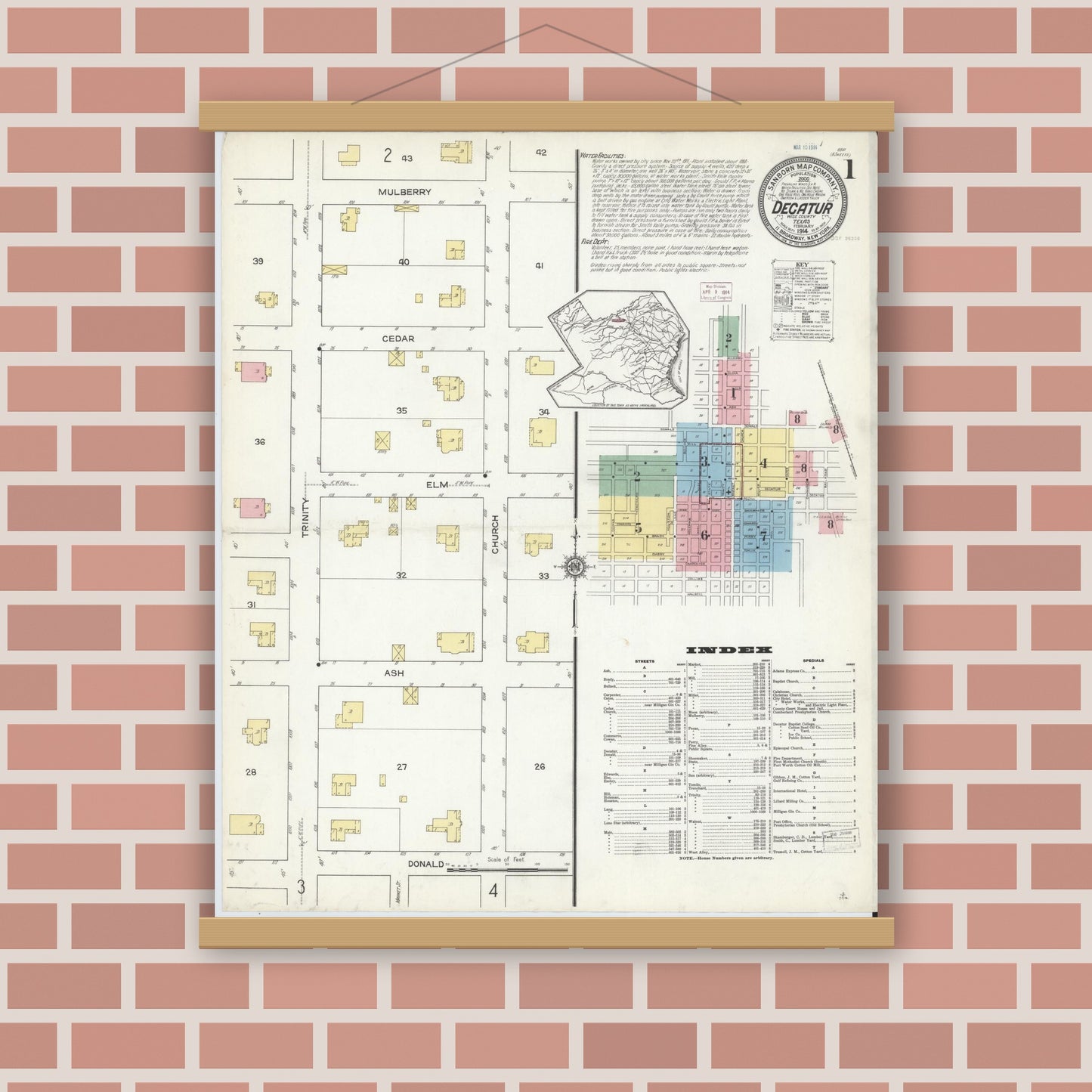 Old map wall art mockup — magnetic wood frame on brick wall — Sanborn Fire Insurance Map from Decatur, Wise County, Texas (1914) - Complete Map Set