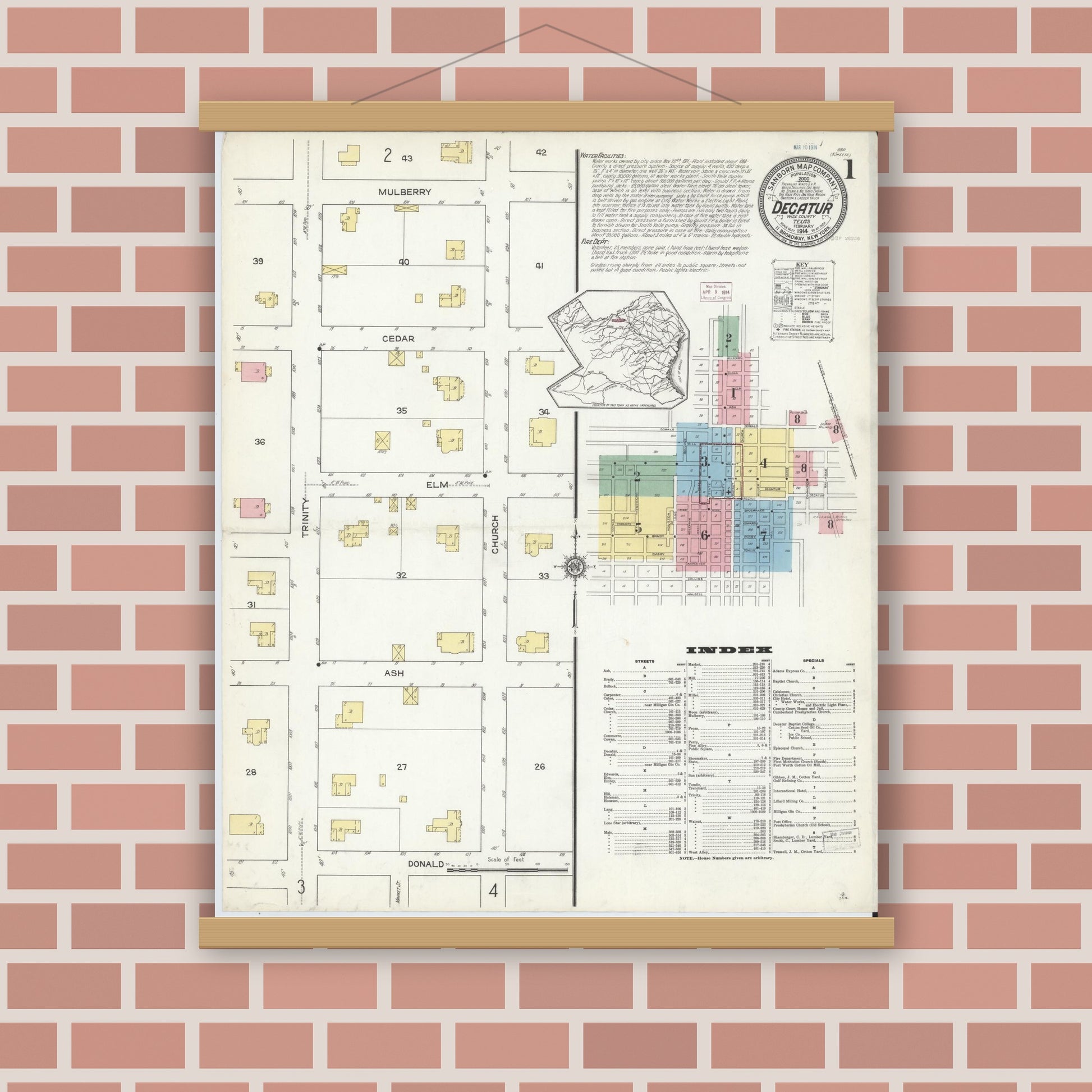 Old map wall art mockup — magnetic wood frame on brick wall — Sanborn Fire Insurance Map from Decatur, Wise County, Texas (1914) - Complete Map Set
