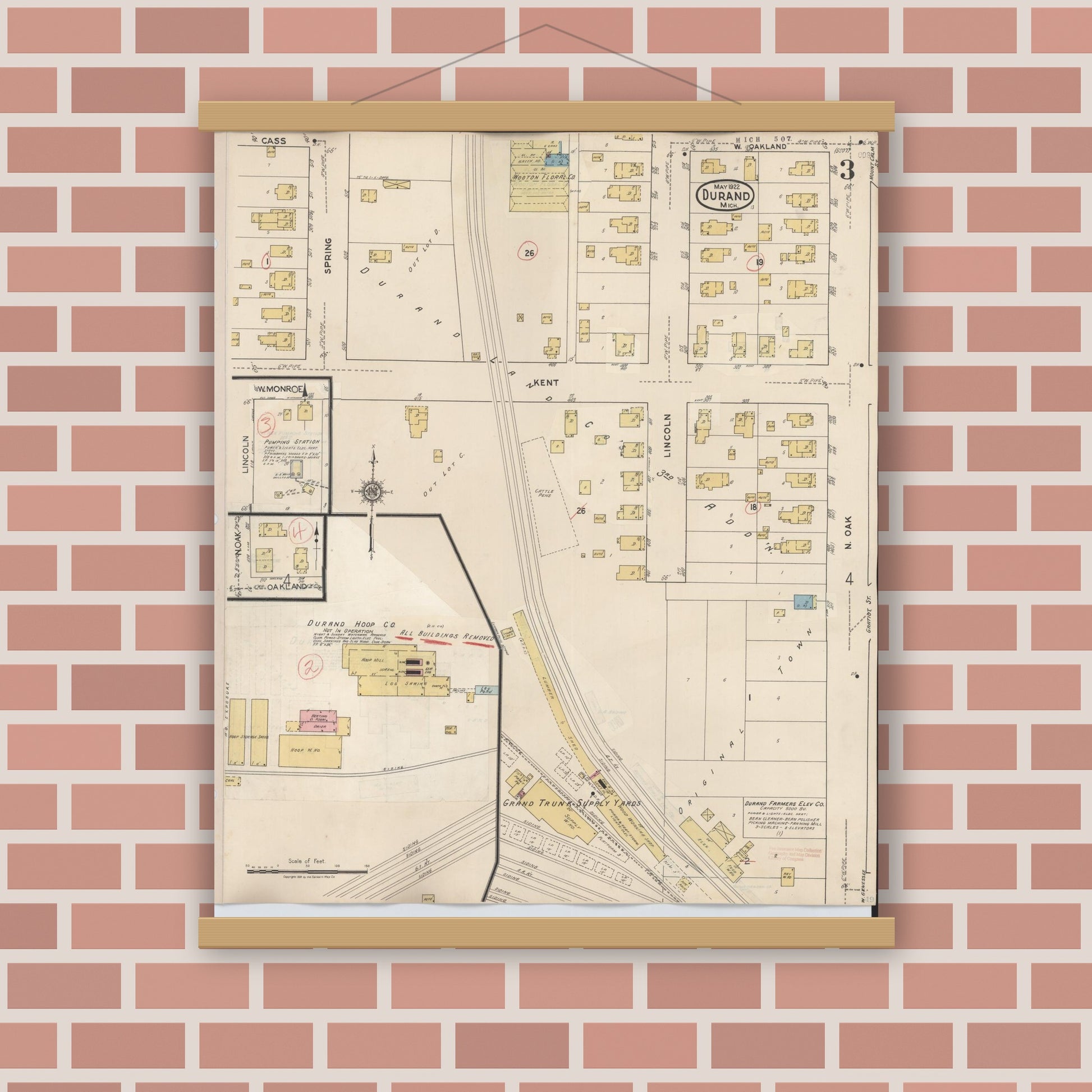 Old map wall art mockup — magnetic wood frame on brick wall — Sanborn Fire Insurance Map from Durand, Shiawassee County, Michigan (1944), Sheet #0003
