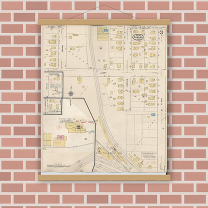Old map wall art mockup — magnetic wood frame on brick wall — Sanborn Fire Insurance Map from Durand, Shiawassee County, Michigan (1944), Sheet #0003