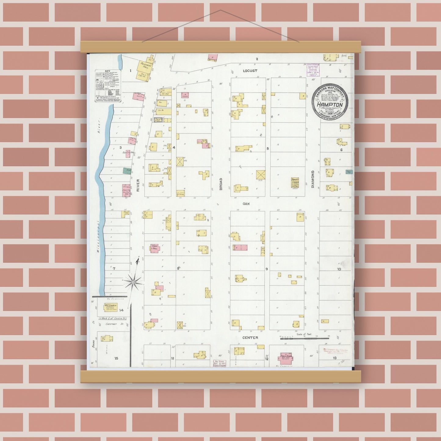 Old map wall art mockup — magnetic wood frame on brick wall — Sanborn Fire Insurance Map from Hampton, Rock Island County, Illinois (1906), Sheet #0001