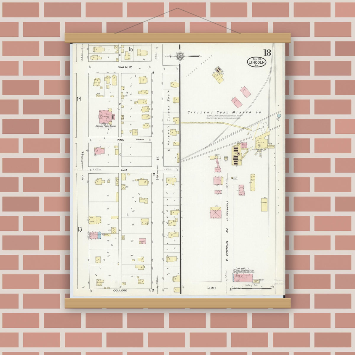 Old map wall art mockup — magnetic wood frame on brick wall — Sanborn Fire Insurance Map from Lincoln, Logan County, Illinois (1914), Sheet #0018