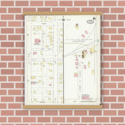 Old map wall art mockup — magnetic wood frame on brick wall — Sanborn Fire Insurance Map from Lincoln, Logan County, Illinois (1914), Sheet #0018