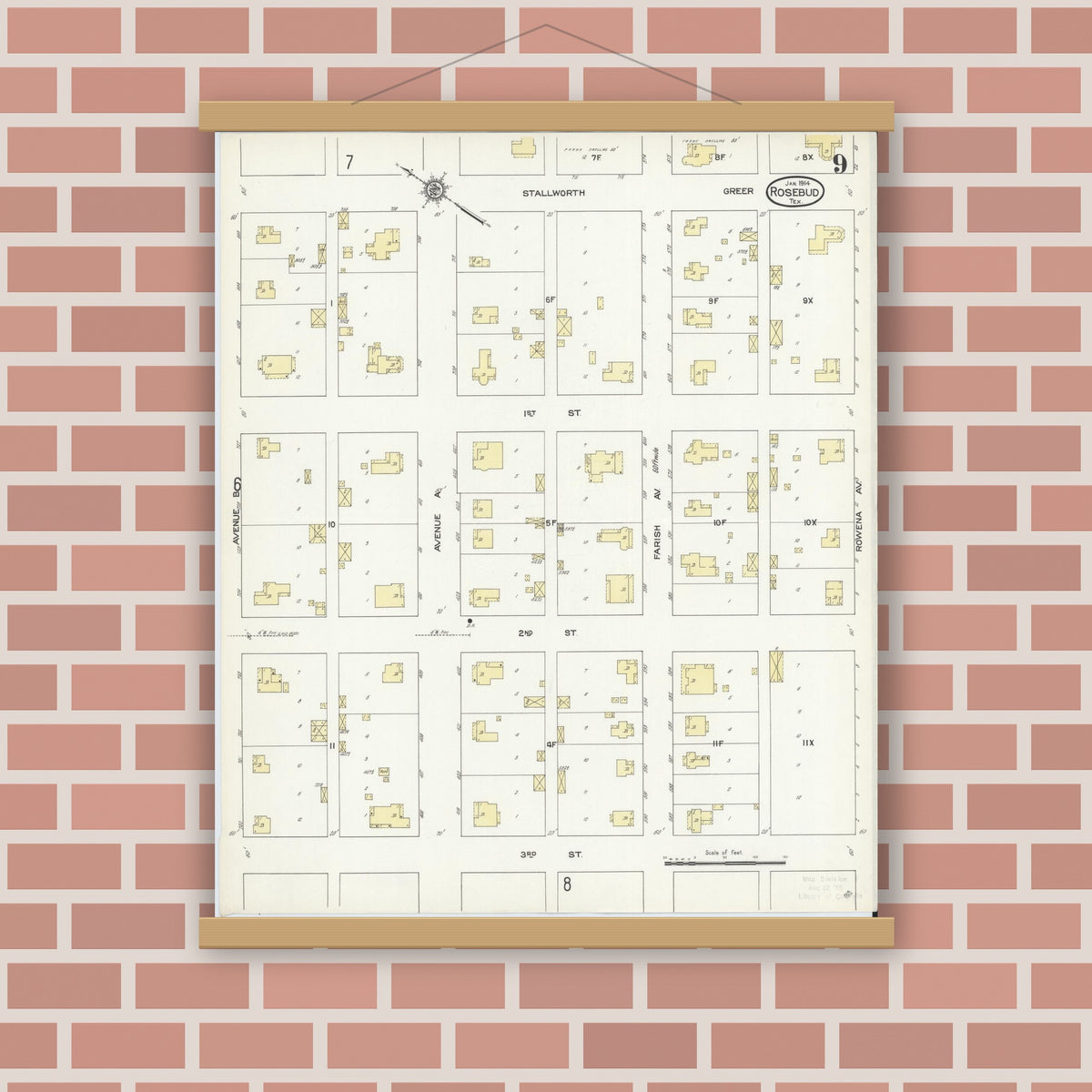 Old map wall art mockup — magnetic wood frame on brick wall — Sanborn Fire Insurance Map from Rosebud, Falls County, Texas (1914), Sheet #0009
