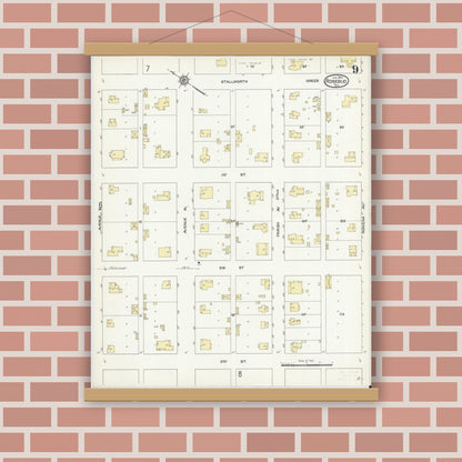 Old map wall art mockup — magnetic wood frame on brick wall — Sanborn Fire Insurance Map from Rosebud, Falls County, Texas (1914), Sheet #0009
