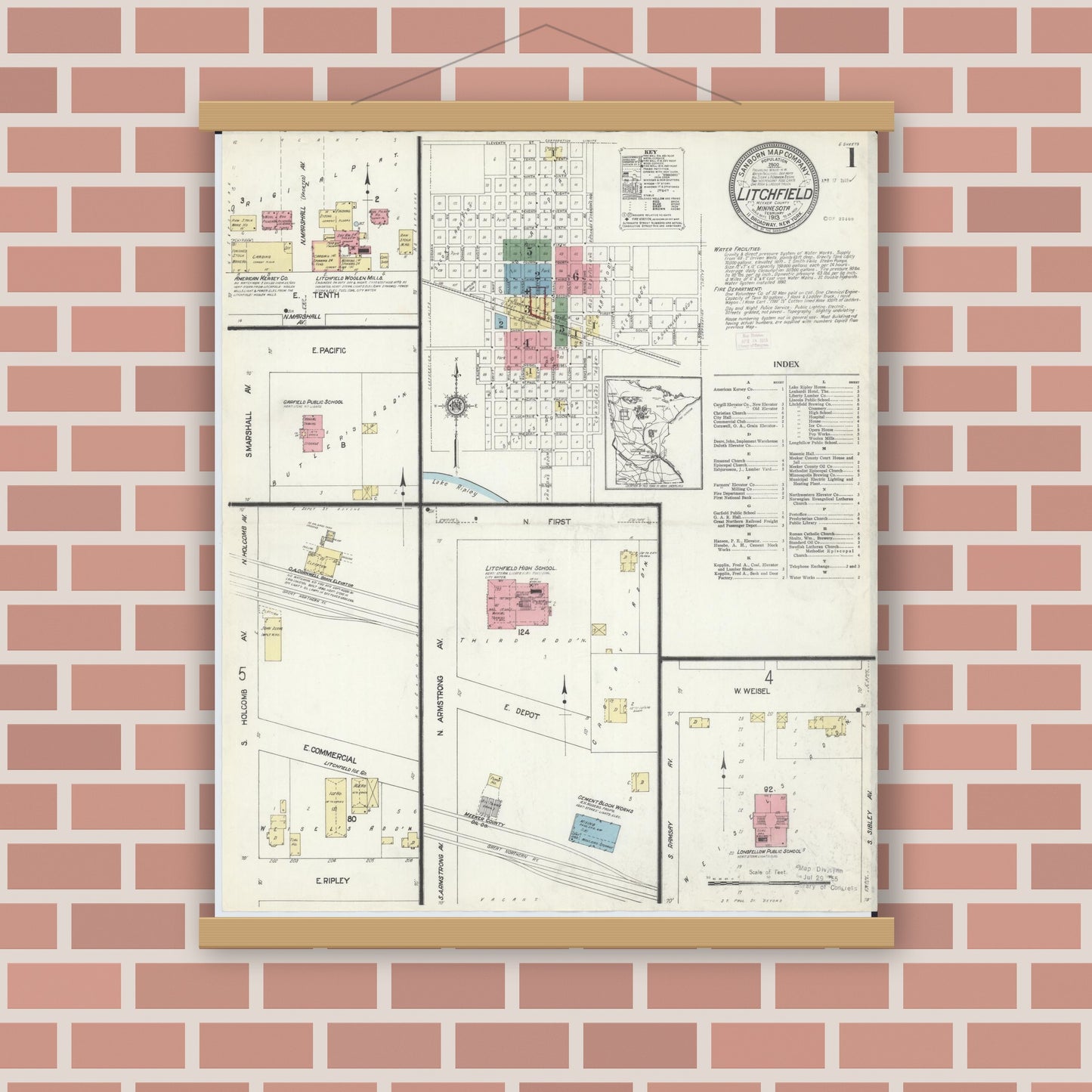 Old map wall art mockup — magnetic wood frame on brick wall — Sanborn Fire Insurance Map from Litchfield, Meeker County, Minnesota (1913), Sheet #0001