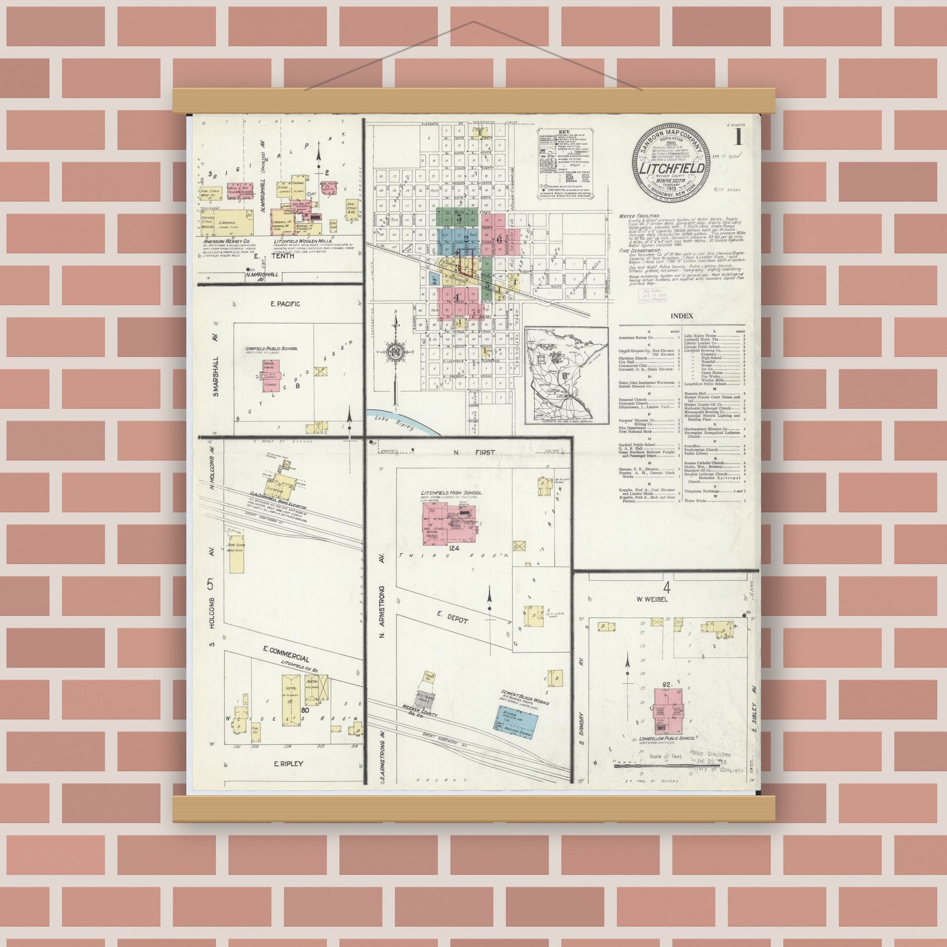 Old map wall art mockup — magnetic wood frame on brick wall — Sanborn Fire Insurance Map from Litchfield, Meeker County, Minnesota (1913), Sheet #0001