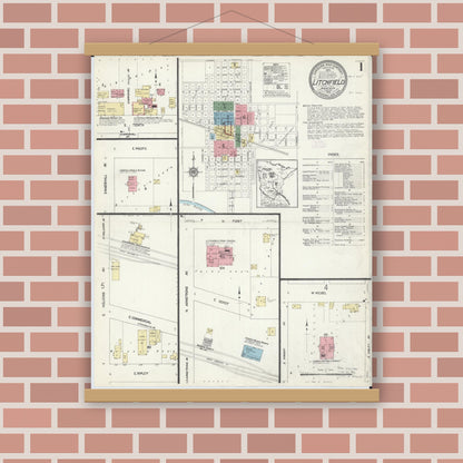 Old map wall art mockup — magnetic wood frame on brick wall — Sanborn Fire Insurance Map from Litchfield, Meeker County, Minnesota (1913), Sheet #0001