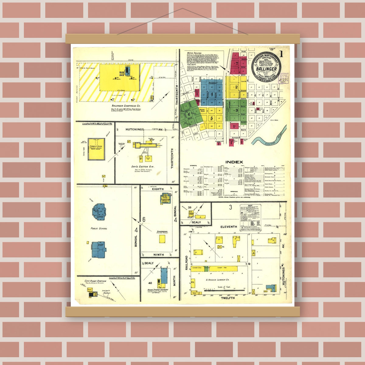 Old map wall art mockup — magnetic wood frame on brick wall — Sanborn Fire Insurance Map from Ballinger, Runnels County, Texas (1908), Sheet #0001