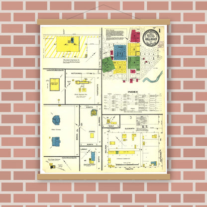 Old map wall art mockup — magnetic wood frame on brick wall — Sanborn Fire Insurance Map from Ballinger, Runnels County, Texas (1908), Sheet #0001