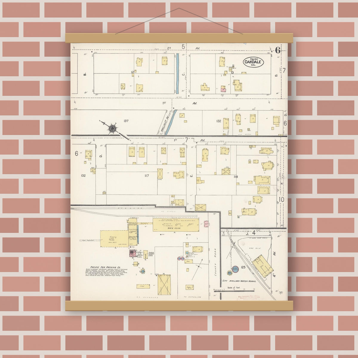 Old map wall art mockup — magnetic wood frame on brick wall — Sanborn Fire Insurance Map from Oakdale, Stanislaus County, California (1912), Sheet #0006