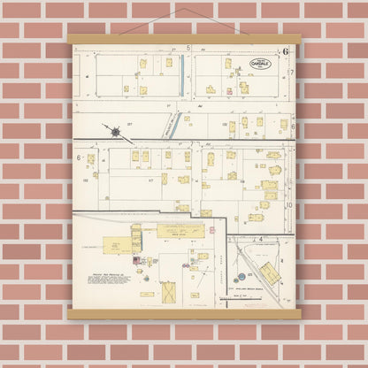 Old map wall art mockup — magnetic wood frame on brick wall — Sanborn Fire Insurance Map from Oakdale, Stanislaus County, California (1912), Sheet #0006