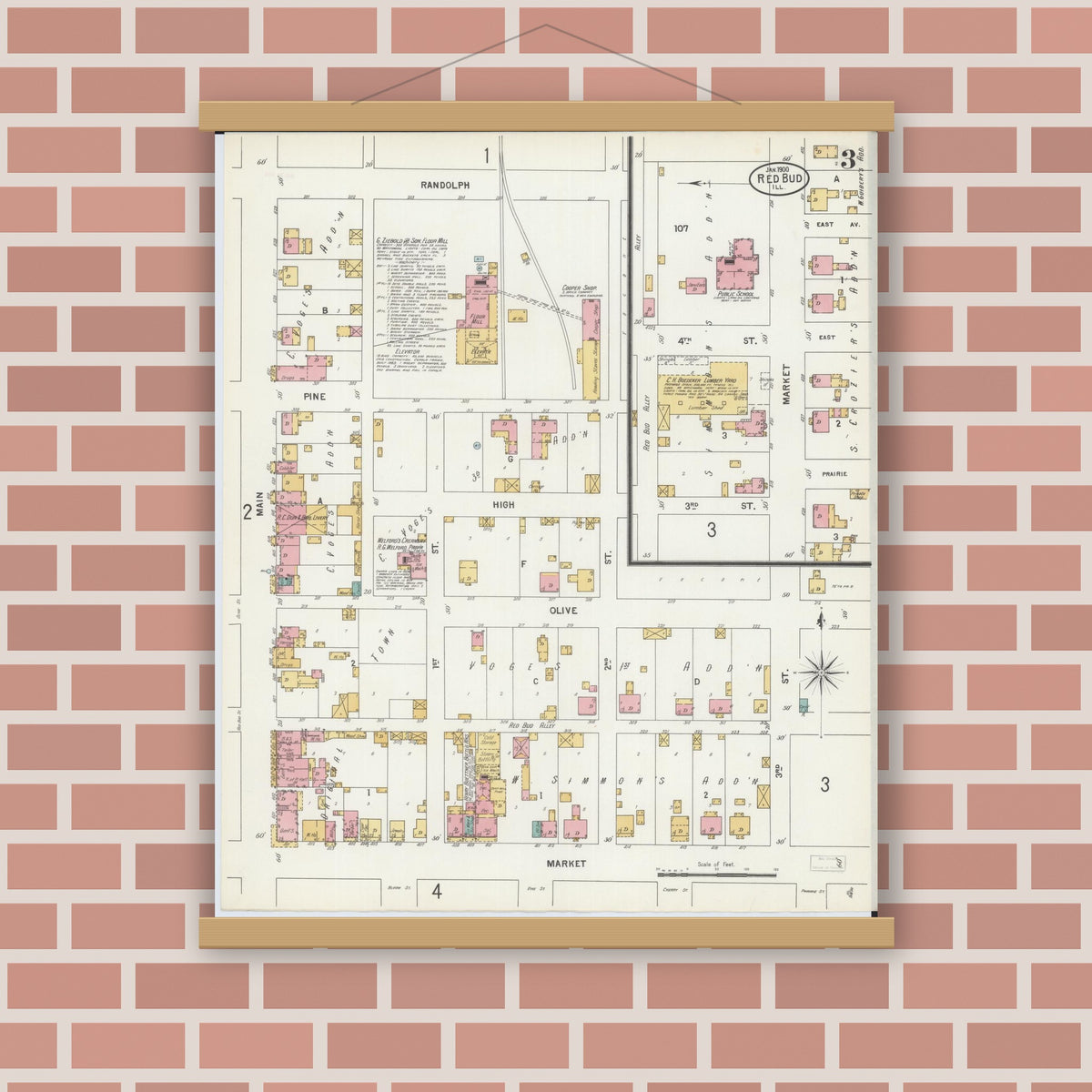 Old map wall art mockup — magnetic wood frame on brick wall — Sanborn Fire Insurance Map from Red Bud, Randolph County, Illinois (1900), Sheet #0003