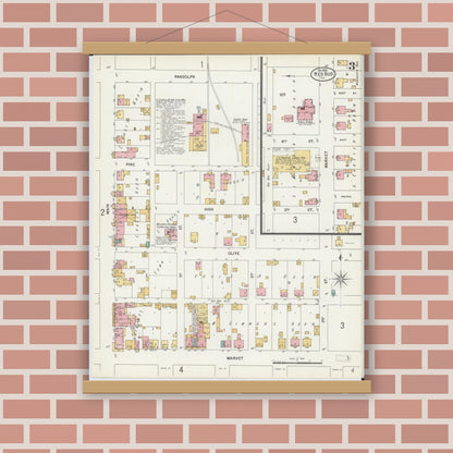 Old map wall art mockup — magnetic wood frame on brick wall — Sanborn Fire Insurance Map from Red Bud, Randolph County, Illinois (1900), Sheet #0003