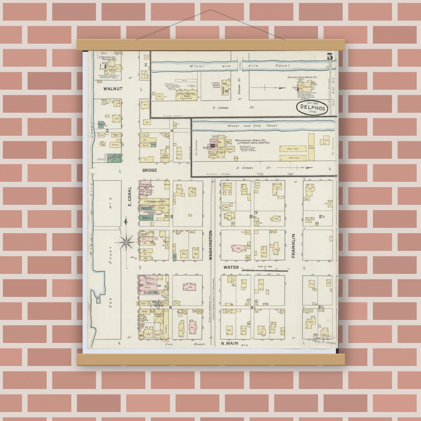 Old map wall art mockup — magnetic wood frame on brick wall — Sanborn Fire Insurance Map from Delphos, Van Wert And Allen Counties, Ohio (1888), Sheet #0005