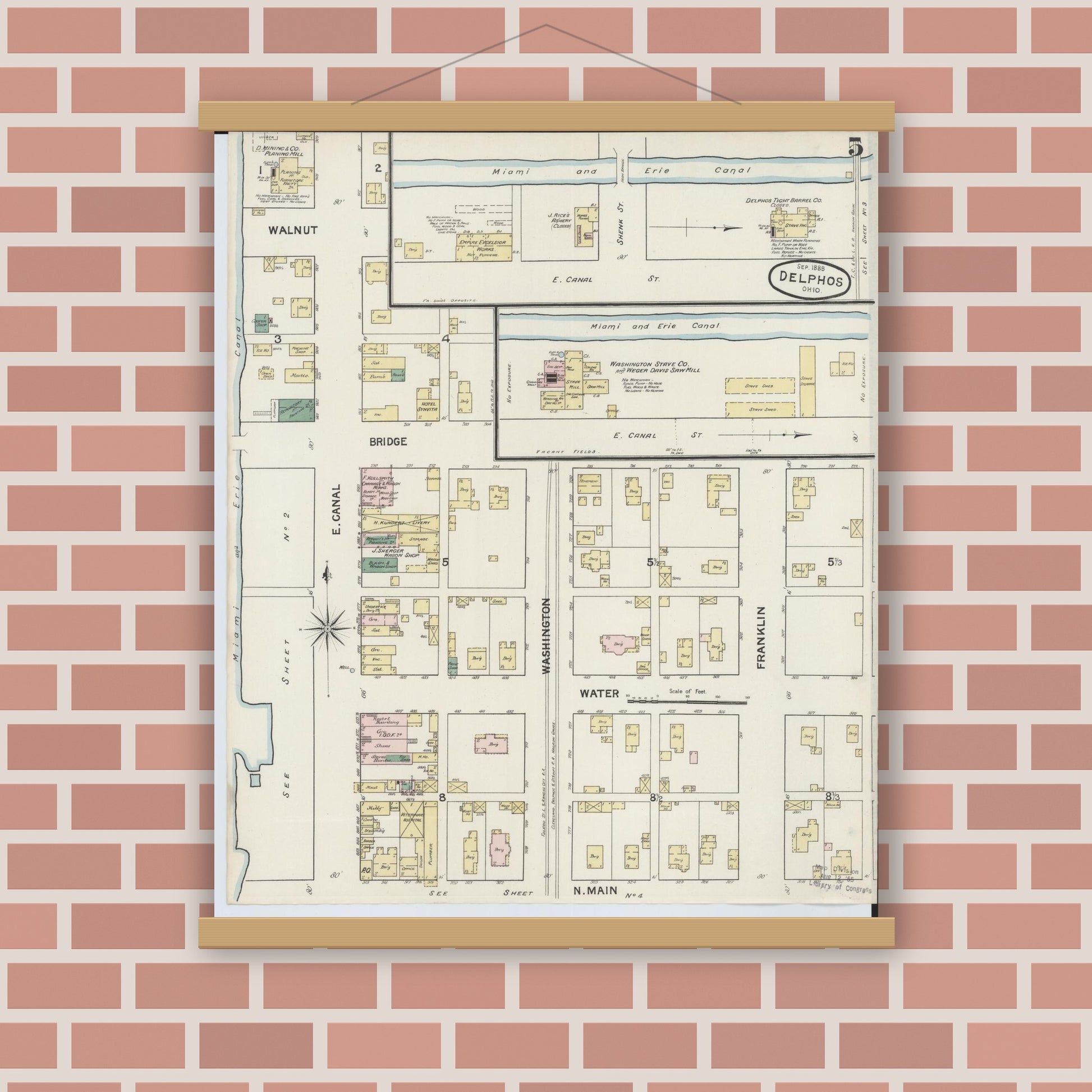 Old map wall art mockup — magnetic wood frame on brick wall — Sanborn Fire Insurance Map from Delphos, Van Wert And Allen Counties, Ohio (1888), Sheet #0005