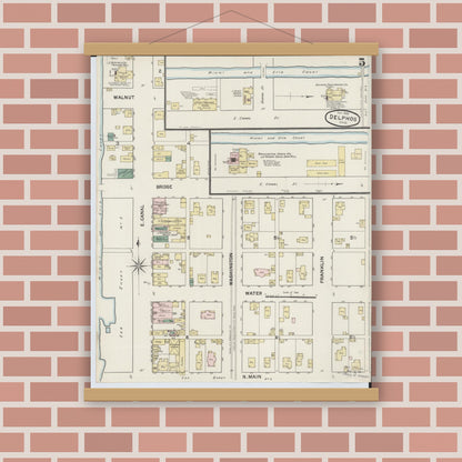 Old map wall art mockup — magnetic wood frame on brick wall — Sanborn Fire Insurance Map from Delphos, Van Wert And Allen Counties, Ohio (1888), Sheet #0005