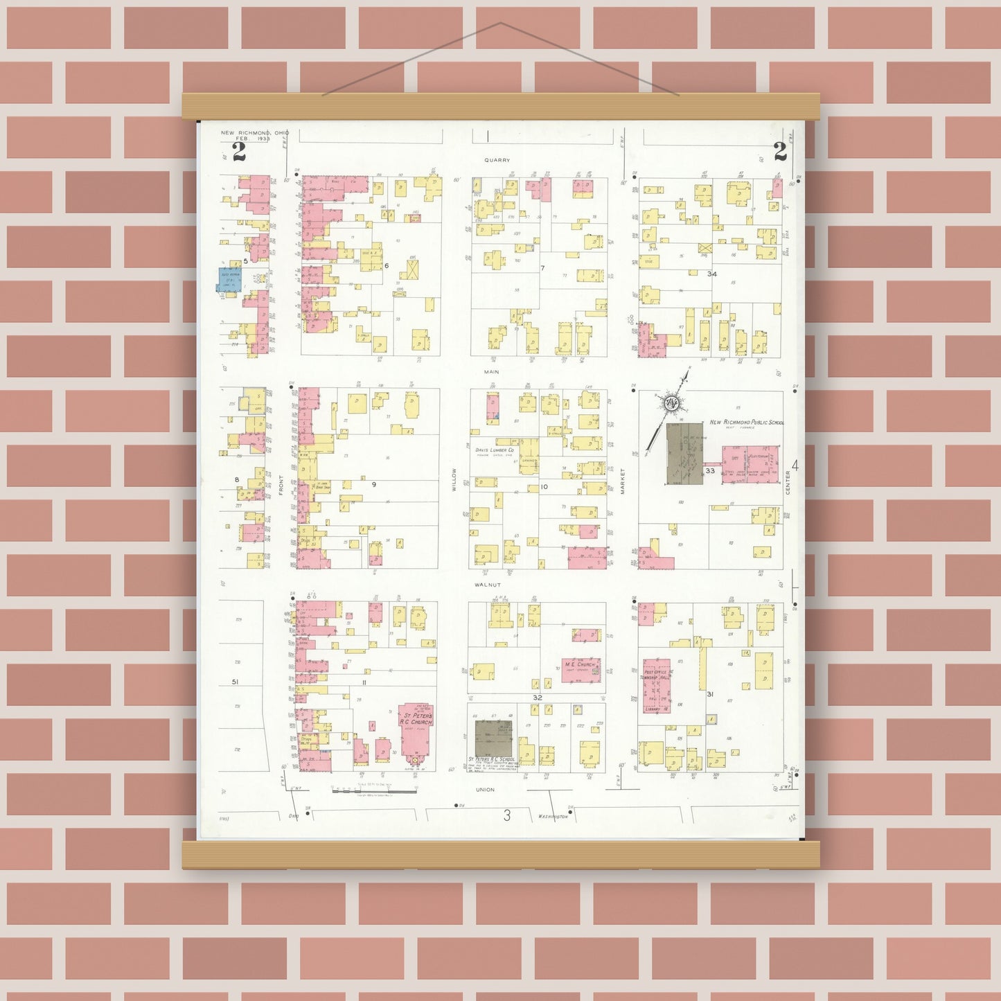 Old map wall art mockup — magnetic wood frame on brick wall — Sanborn Fire Insurance Map from New Richmond, Clermont County, Ohio (1933), Sheet #0002