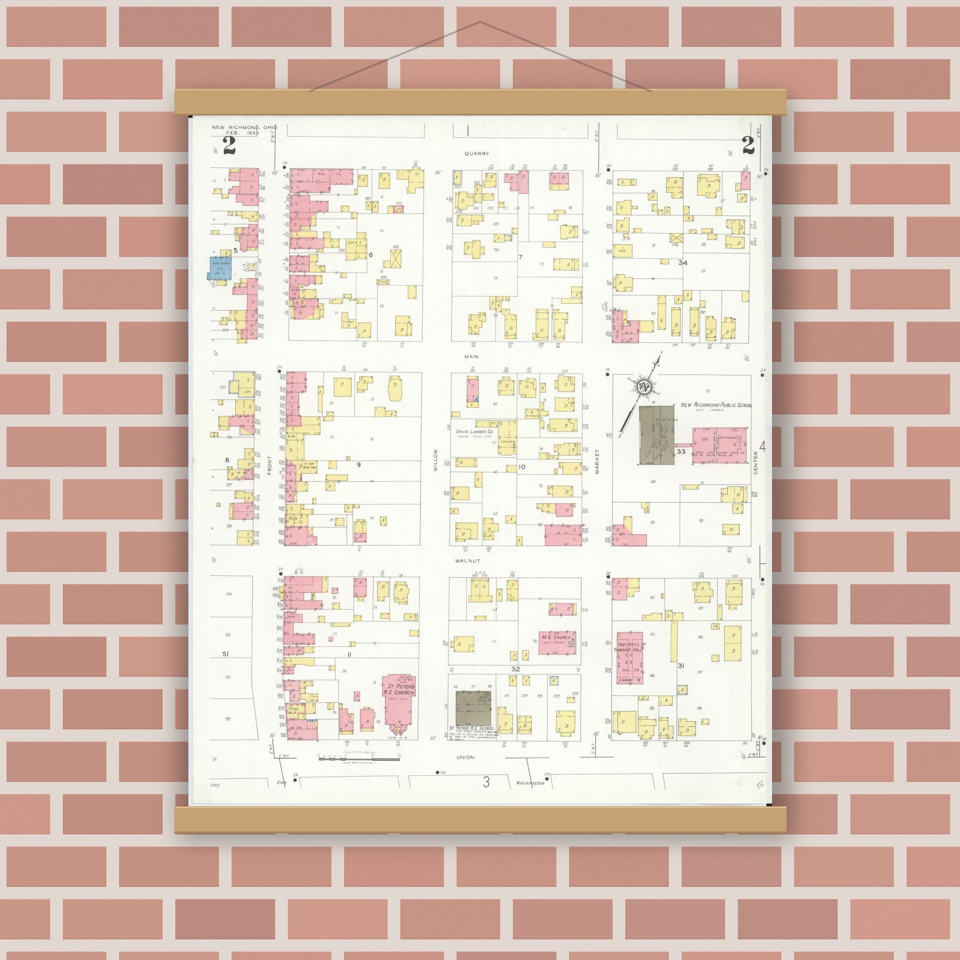 Old map wall art mockup — magnetic wood frame on brick wall — Sanborn Fire Insurance Map from New Richmond, Clermont County, Ohio (1933), Sheet #0002