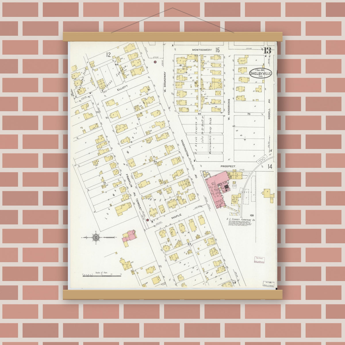 Old map wall art mockup — magnetic wood frame on brick wall — Sanborn Fire Insurance Map from Shelbyville, Shelby County, Indiana (1910), Sheet #0013