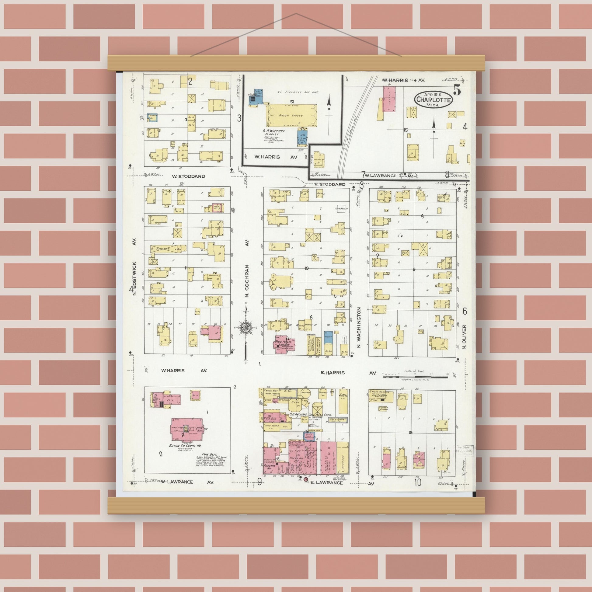 Old map wall art mockup — magnetic wood frame on brick wall — Sanborn Fire Insurance Map from Charlotte, Eaton County, Michigan (1918), Sheet #0005