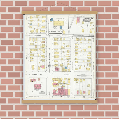 Old map wall art mockup — magnetic wood frame on brick wall — Sanborn Fire Insurance Map from Charlotte, Eaton County, Michigan (1918), Sheet #0005