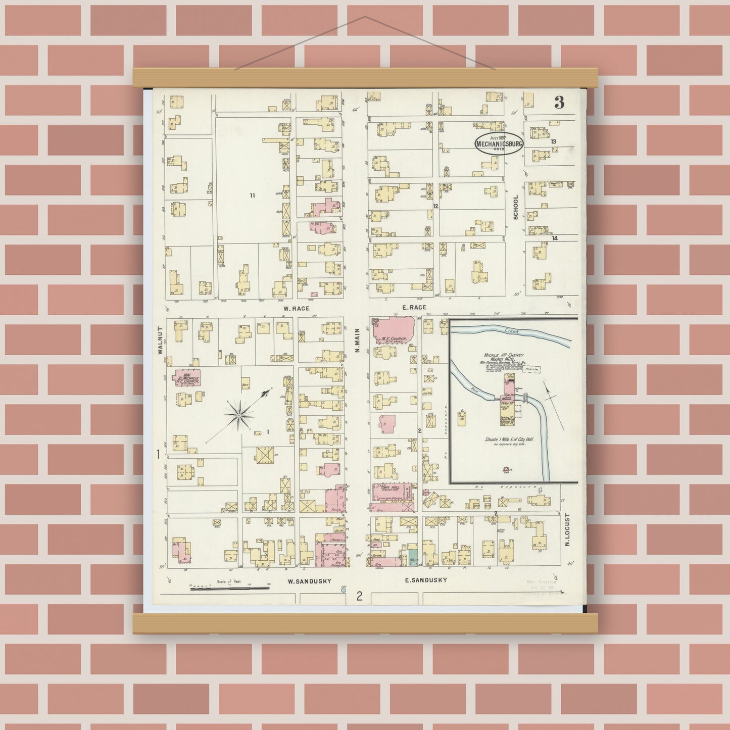 Old map wall art mockup — magnetic wood frame on brick wall — Sanborn Fire Insurance Map from Mechanicsburg, Champaign County, Ohio (1897), Sheet #0003