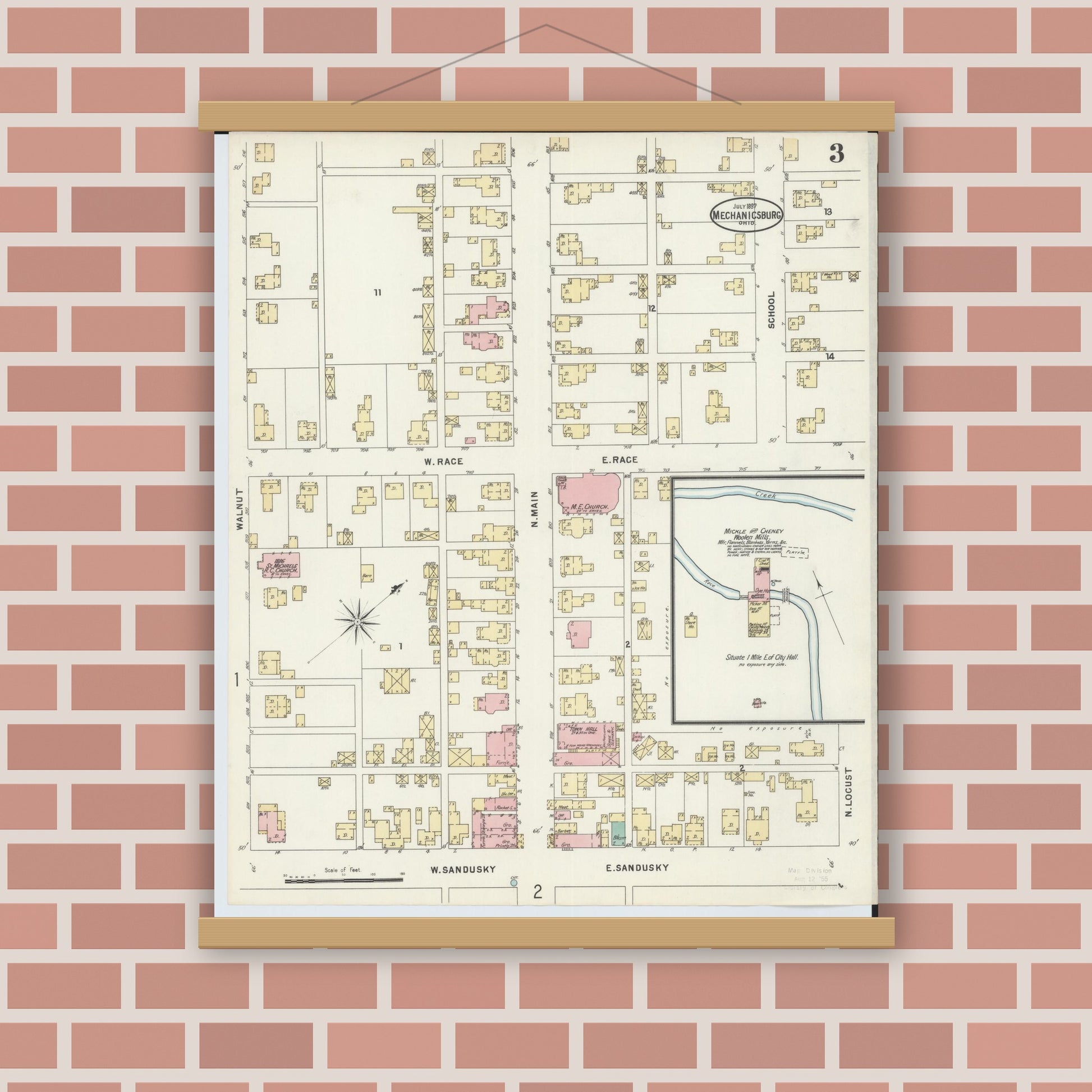 Old map wall art mockup — magnetic wood frame on brick wall — Sanborn Fire Insurance Map from Mechanicsburg, Champaign County, Ohio (1897), Sheet #0003