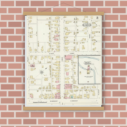 Old map wall art mockup — magnetic wood frame on brick wall — Sanborn Fire Insurance Map from Mechanicsburg, Champaign County, Ohio (1897), Sheet #0003