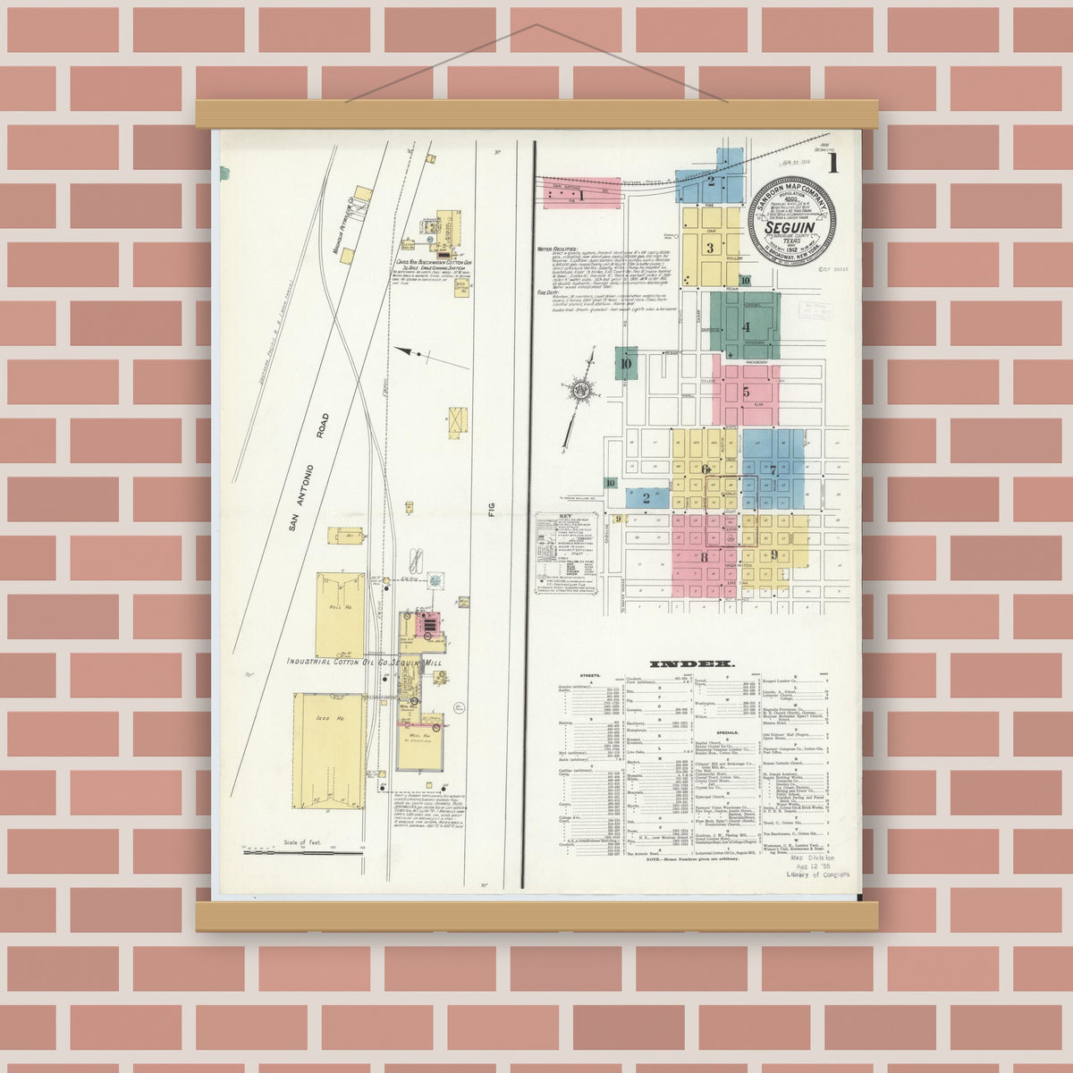 Old map wall art mockup — magnetic wood frame on brick wall — Sanborn Fire Insurance Map from Seguin, Guadalupe County, Texas (1912) - Complete Map Set