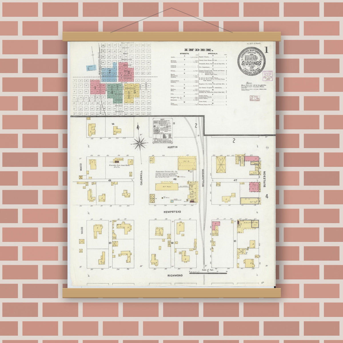 Old map wall art mockup — magnetic wood frame on brick wall — Sanborn Fire Insurance Map from Giddings, Lee County, Texas (1906), Sheet #0001
