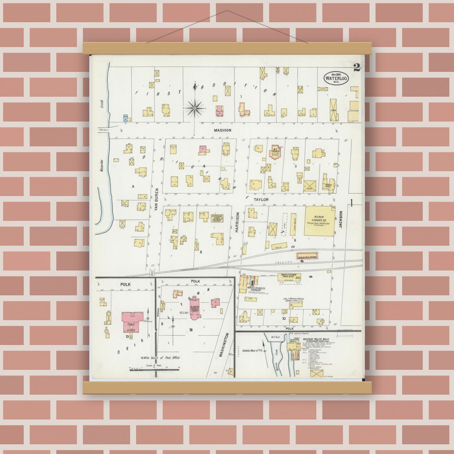 Old map wall art mockup — magnetic wood frame on brick wall — Sanborn Fire Insurance Map from Waterloo, Jefferson County, Wisconsin (1899), Sheet #0002