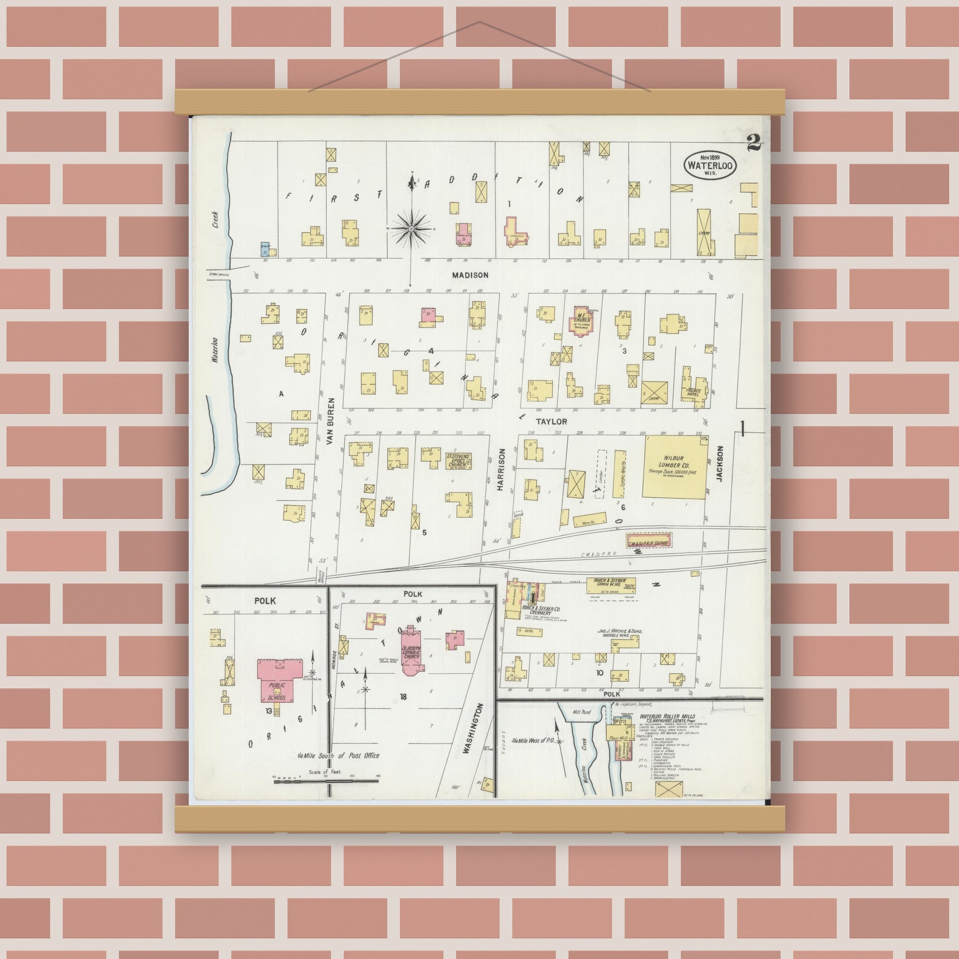 Old map wall art mockup — magnetic wood frame on brick wall — Sanborn Fire Insurance Map from Waterloo, Jefferson County, Wisconsin (1899), Sheet #0002