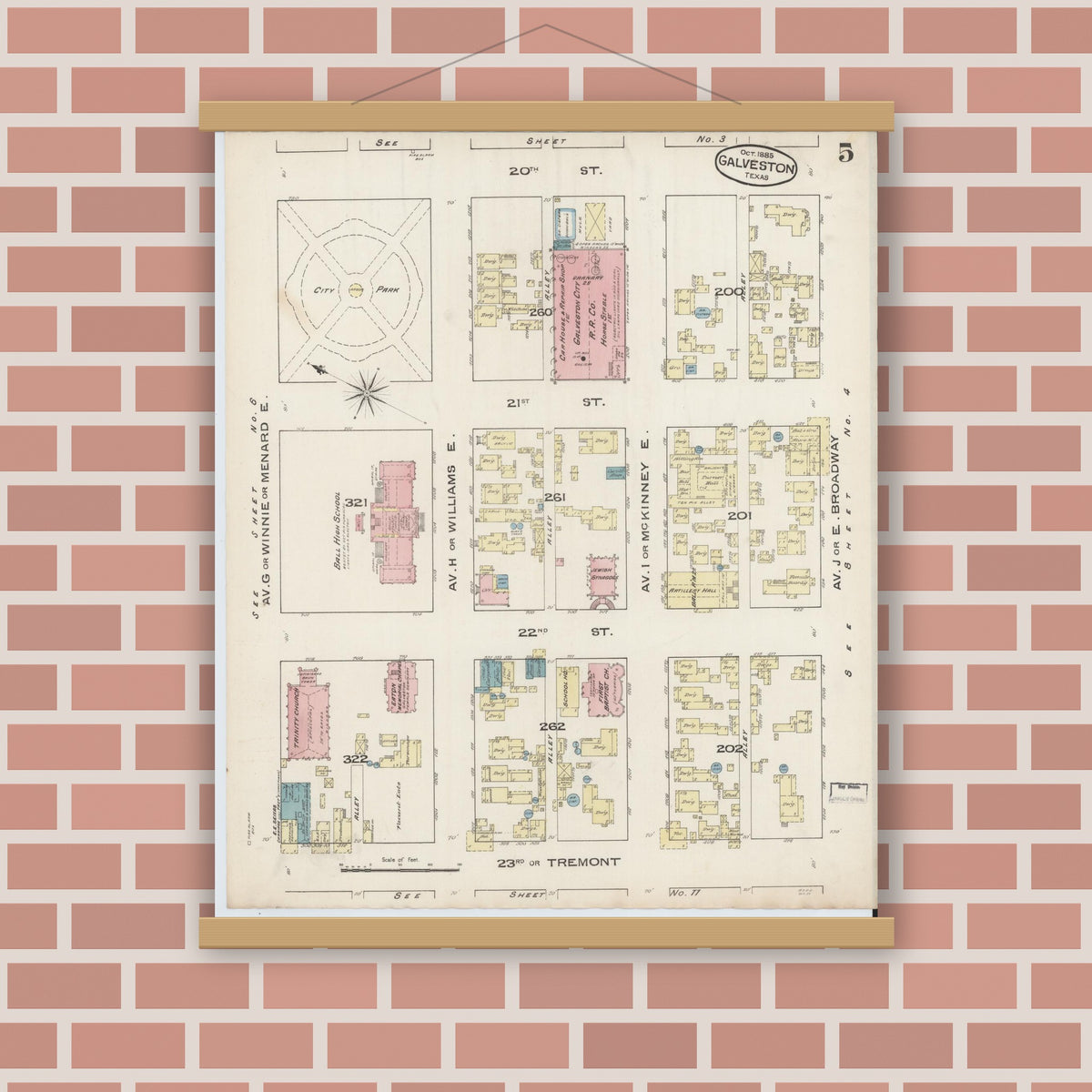 Old map wall art mockup — magnetic wood frame on brick wall — Sanborn Fire Insurance Map from Galveston, Galveston County, Texas (1885), Sheet #0005