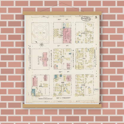 Old map wall art mockup — magnetic wood frame on brick wall — Sanborn Fire Insurance Map from Galveston, Galveston County, Texas (1885), Sheet #0005