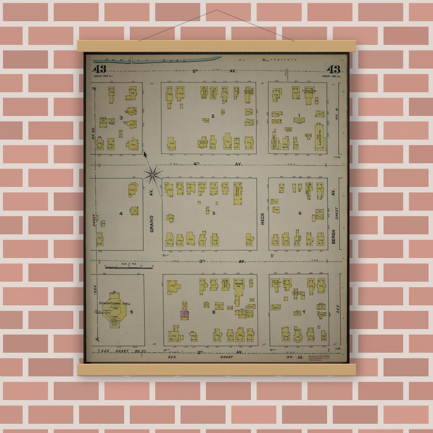 Old map wall art mockup — magnetic wood frame on brick wall — Sanborn Fire Insurance Map from New Jersey Coast, New Jersey Coast, New Jersey (1890), Sheet #0043