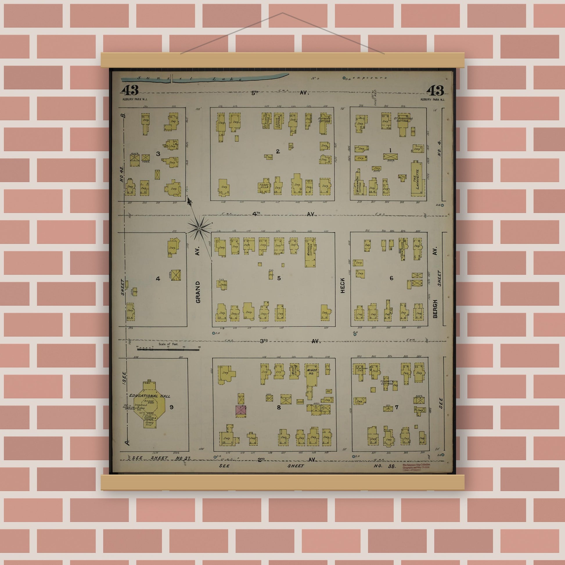 Old map wall art mockup — magnetic wood frame on brick wall — Sanborn Fire Insurance Map from New Jersey Coast, New Jersey Coast, New Jersey (1890), Sheet #0043