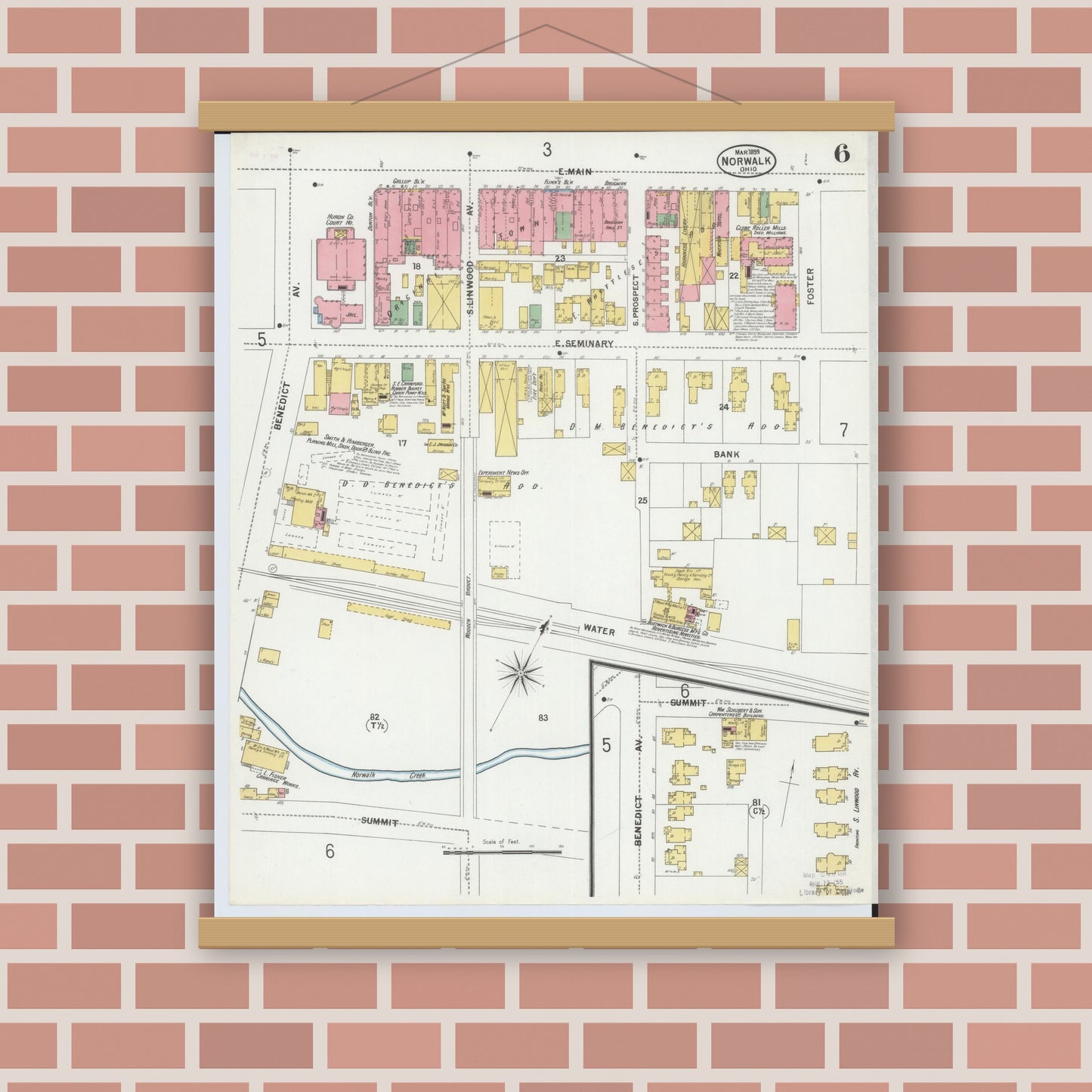 Old map wall art mockup — magnetic wood frame on brick wall — Sanborn Fire Insurance Map from Norwalk, Huron County, Ohio (1899), Sheet #0006