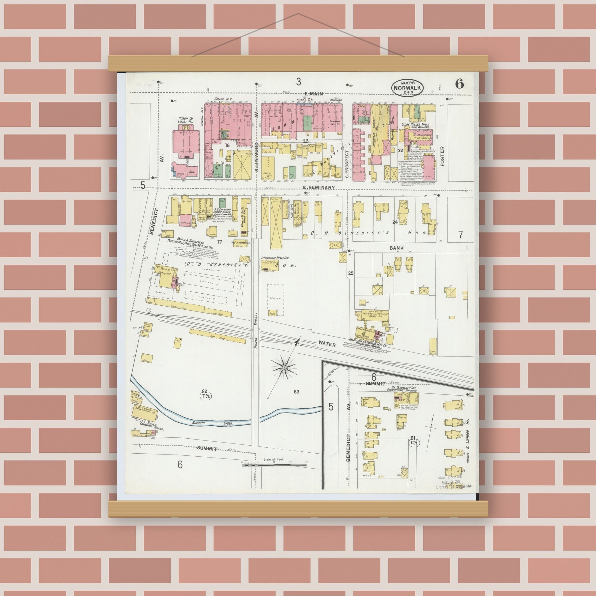 Old map wall art mockup — magnetic wood frame on brick wall — Sanborn Fire Insurance Map from Norwalk, Huron County, Ohio (1899), Sheet #0006